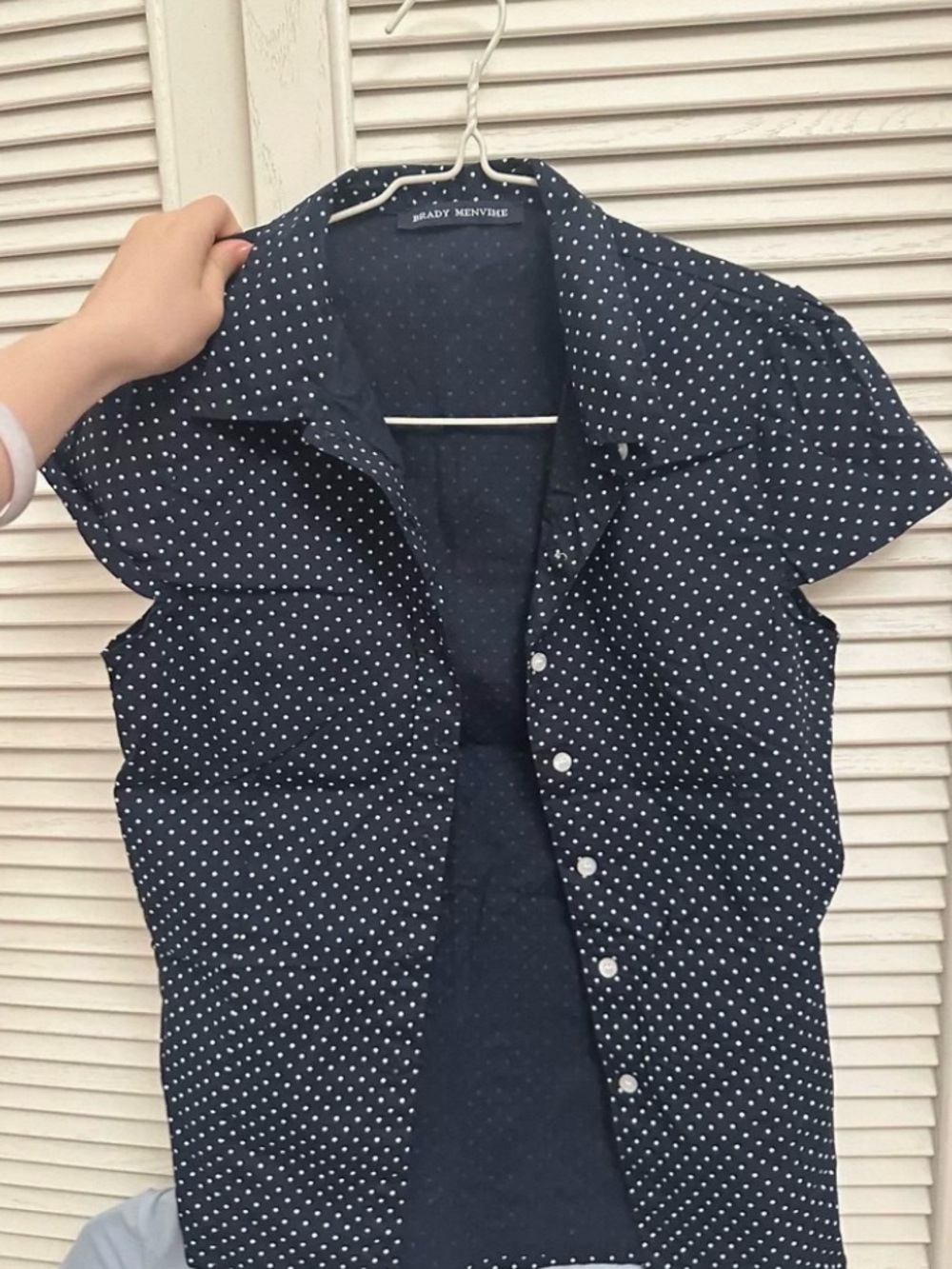 Classic Navy Polka Dot Cap-Sleeve Button Shirt